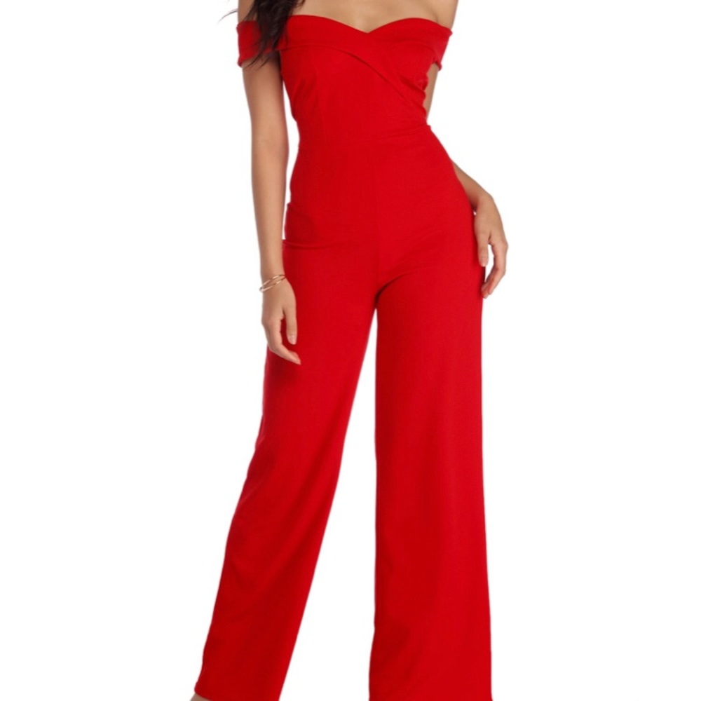 Red off shoulder jumpsuit